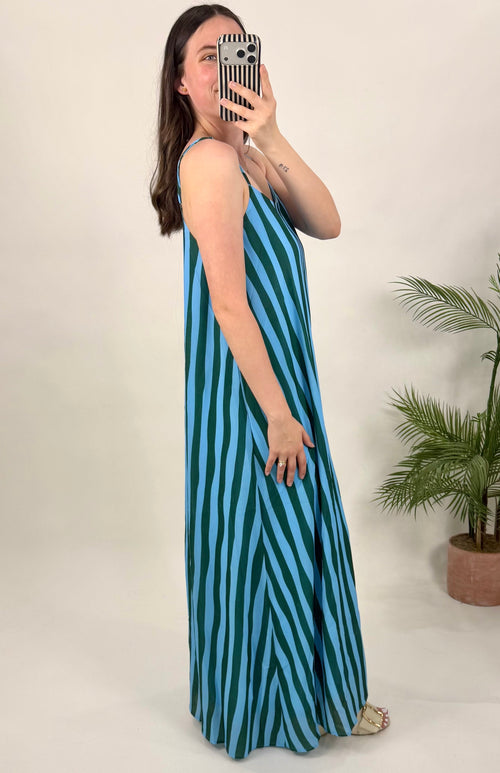 Blue and Green Striped Scoop Neck Dress