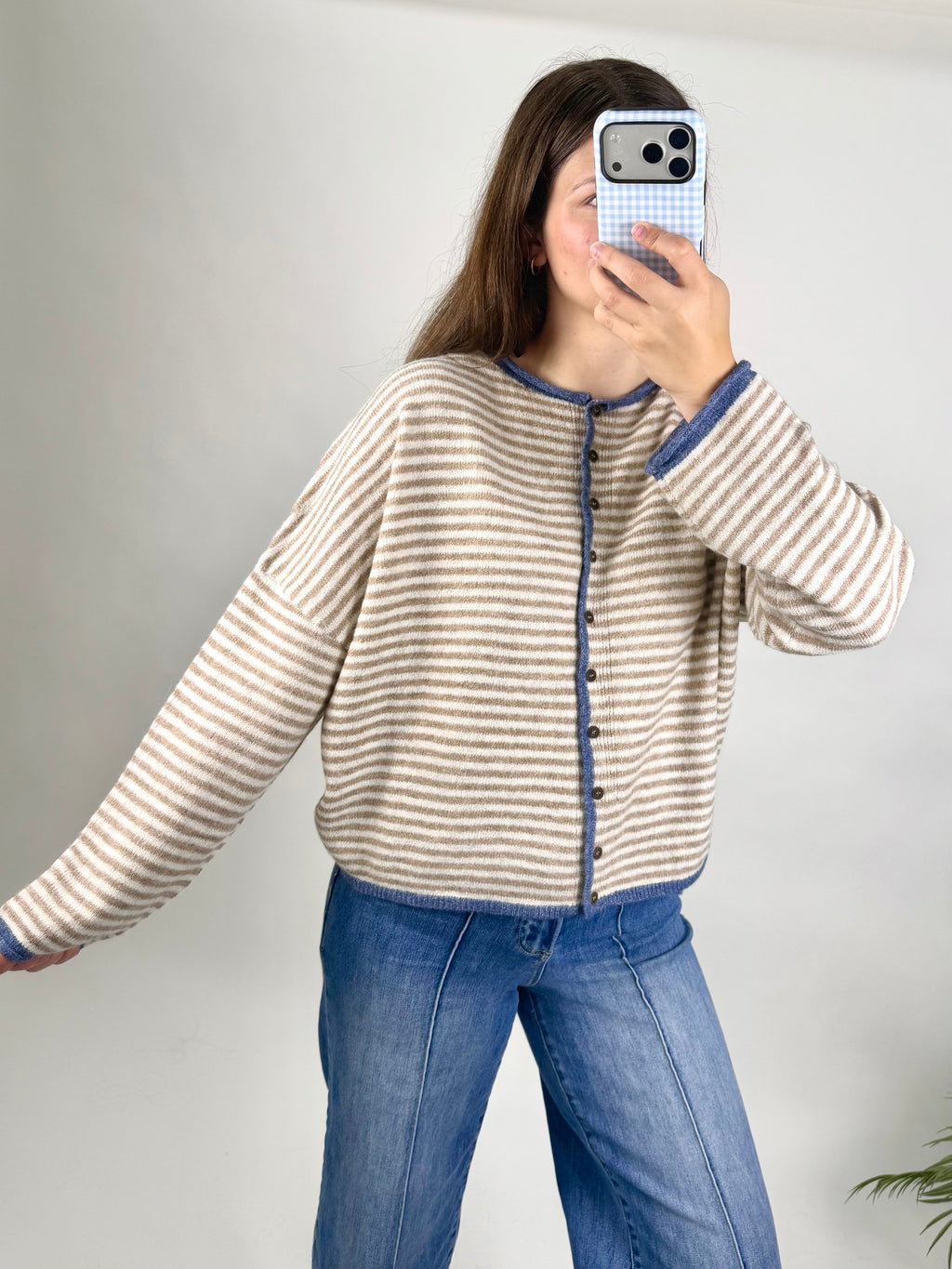 Striped Cardi Top: Tan/Denim